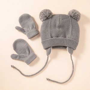 Infant Knit Hat And Mittens Double Pom Pom Ear Protection Winter Warm Fleece Lined Beanie For Toddlers Cute