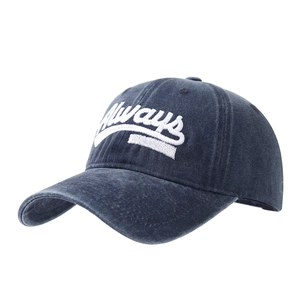 Navy washed cotton baseball cap featuring white Always embroidery and vintage style