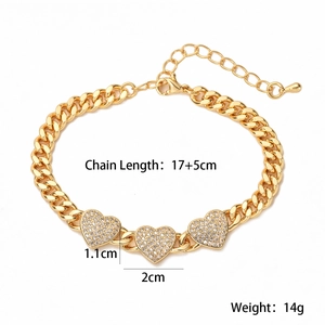 Detail view of 18K gold plated Cuban chain bracelet with three sparkling heart charms