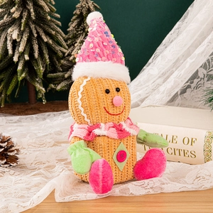 Square gingerbread man plush doll with sequin hat for Christmas home party decor