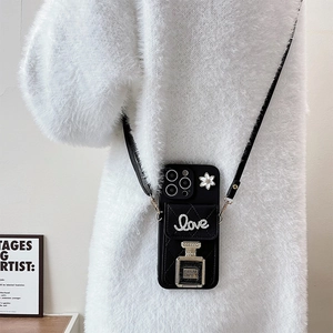 Luxus-Parfümflaschen-Handyhülle mit gestepptem Leder und Crossbody-Gurt für Damen