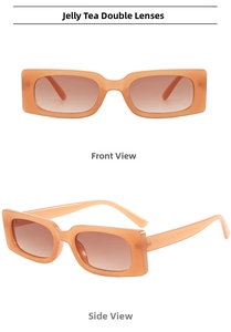 Detailed views of jelly tea rectangle sunglasses with gradient lenses from front and side