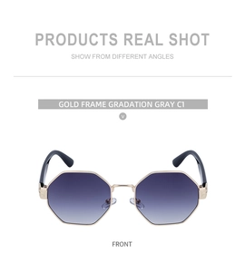 Front view of geometric octagonal sunglasses with gold metal frame and gradient gray lenses