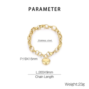 Schema tecnico del bracciale a catena a maglie grosse in acciaio inox dorato con cuore