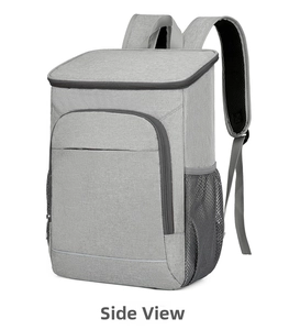 Side view of large grey insulated picnic backpack with mesh pockets and durable straps