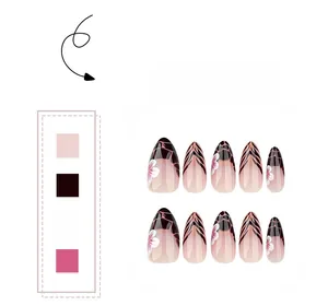 Detailed view of hand-painted floral and marble patterns on almond-shaped press-on nails