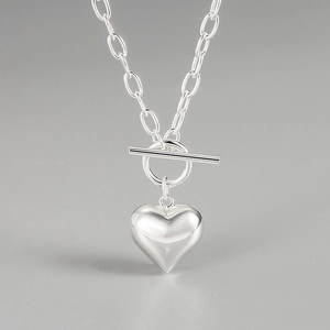 Polished S925 sterling silver heart necklace with a stylish OT buckle toggle closure
