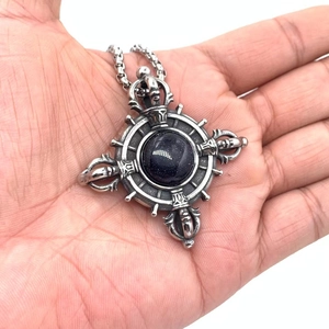 Men's vintage vajra pestle necklace featuring a blue sandstone inlay in silver steel