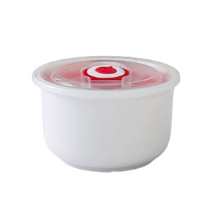 Three-piece minimalist white ceramic food storage bowls with transparent vented lids
