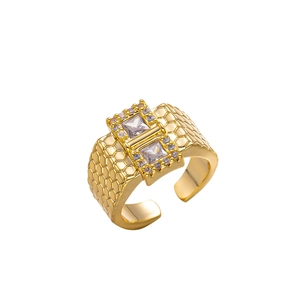 Golden plated scale texture open ring with double square diamonds for men and women