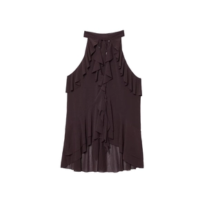 Deep purple ruffled halter neck top with layered tiered fabric and irregular hem