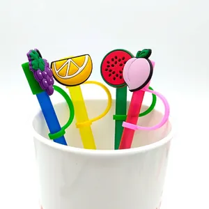 Cute fruit-shaped silicone straw covers set featuring grape lemon watermelon and peach