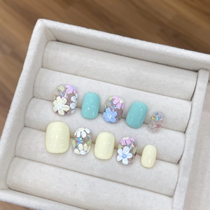 Handmade Press On Nails Short Butterfly Floral 3D Relief Mint Green Macaron Sweet Style Artificial False Nails For Women