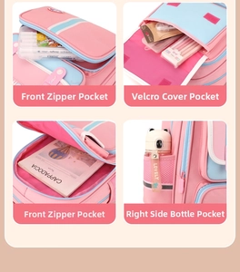 Detail view of pink kids backpack with multi-pocket storage for stationery and bottles