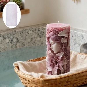 Vela con relieve 3D de rostro femenino y flores en cesta para decoración del hogar