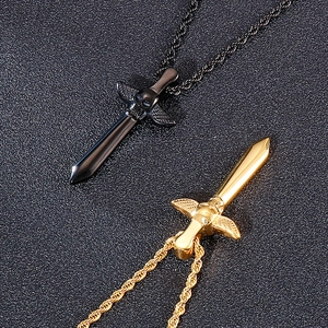 Collier hip hop avec pendentif épée tête de mort et ailes en noir et doré