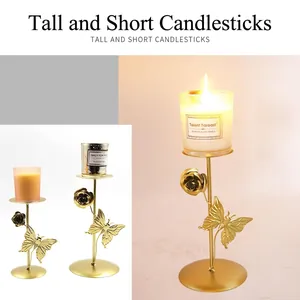 Golden iron butterfly and flower candle holders set for elegant modern home decor