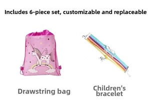 Bolsa rosa de unicornio y pulsera tejida con logo metálico en un set de regalo de 6 piezas