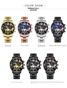 Selection of men's steel quartz watches in gold, silver, and black multi-color finishes
