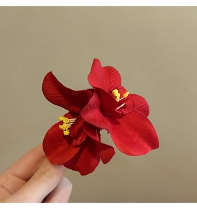 Primer plano de los delicados pétalos de tela roja y estambres amarillos de la pinza de flor de orquídea