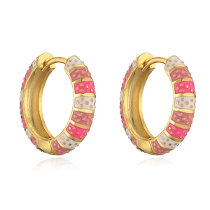 Golden hoop earrings with pink and white enamel dots and reflective surface