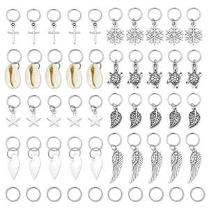 Variety of silver metal pendants and natural shells for DIY hair braiding accessories