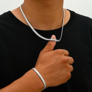Stainless Steel Necklace And Bracelet Men Snake Chain Flat Herringbone Textured Minimalist Fashion Commuter Silver Tone