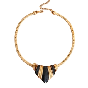 Vintage gold snake chain necklace with black striped fan-shaped pendant and black gemstone