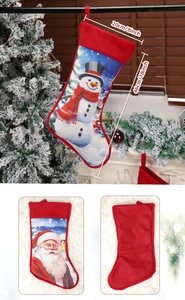 Detail view of snowman and Santa Christmas stockings with red fleece and printed fabric