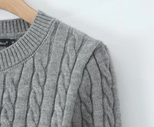 Detailed macro view of grey cable-knit sweater collar with intricate lace edging texture