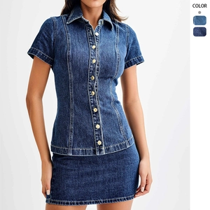 Tenue Denim Femme Jupe Et Haut À Manches Courtes Boutonné Taille Haute Streetwear Décontracté Sexy Tissu Polyester Denim