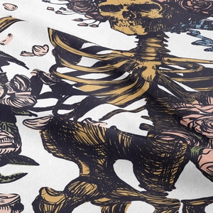 Macro detail of skeleton and flower vintage illustration on textured tapestry fabric