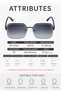 Detailed technical diagram showing square fashion sunglasses dimensions and metal frame