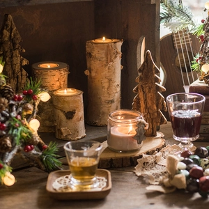 Natural birch wood candle holder set with pine branches for rustic Christmas table decor