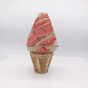 Detailed view of luxury ice cream cone clutch with sparkling pink and gold rhinestones
