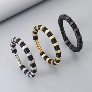 Men's industrial stainless steel leather bracelets in silver, gold, and black colors