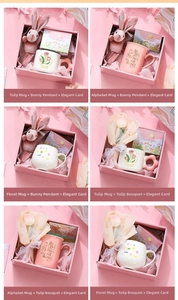 Gift box set with tulip ceramic mugs, plush bunny keychain and floral cards in pink silk lining