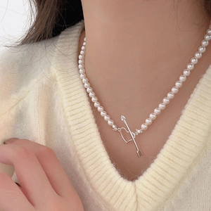 Elegant 925 sterling silver pearl necklace with cupid heart arrow toggle clasp for women