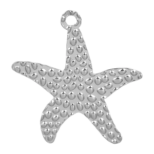 Macro detail of silver 304 stainless steel starfish pendant with hammer-textured surface