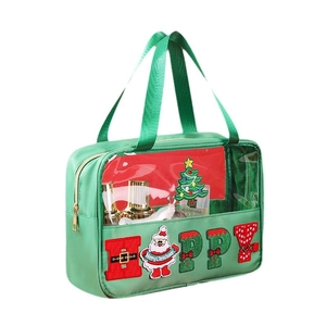Green chenille embroidered Christmas toiletry bag with festive patches and clear window