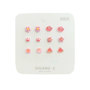 Set of 6 pairs small cartoon floral S925 silver stud earrings with cute resin charms