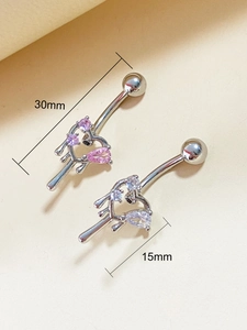 Detail view of heart-shaped navel ring with pink and white zircon stones, 30mm total length