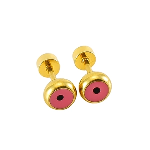 Minimalist round stainless steel stud earrings with pink enamel and black dot detail