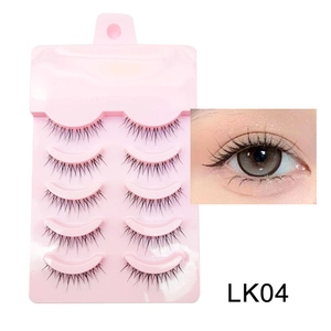 Close-up of LK04 natural cross fake eyelashes with a 5-pair pack and try-on effect
