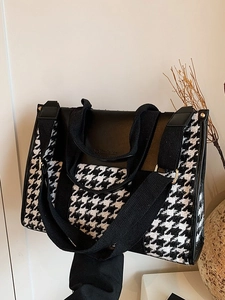 Retro houndstooth tote bag with black PU leather trim and wide fabric shoulder straps