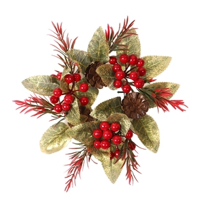 Christmas candle ring wreath with red berries, pine cones and green silk leaves on white background