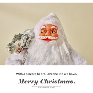 Close-up of Santa Claus doll with white fur beard, silver sequin bag and round glasses