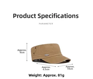 Detailed parameter diagram of khaki cotton military cap with dimensions and weight