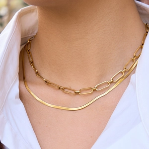 Layered gold-plated paperclip and snake chain necklace set for a modern fashion look