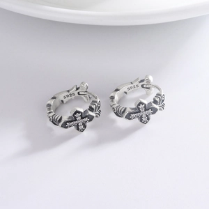 Vintage S925 sterling silver hoop earrings with diamond-set cross and oxidized finish